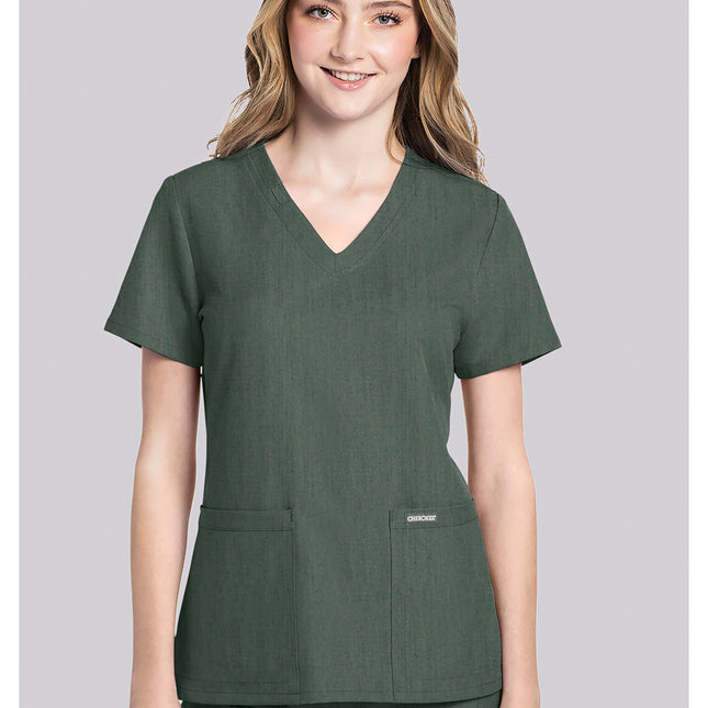 Cherokee Workwear Originals Ultra 2 pocket V-Neck Top CK953AV - Heather Forest Moss