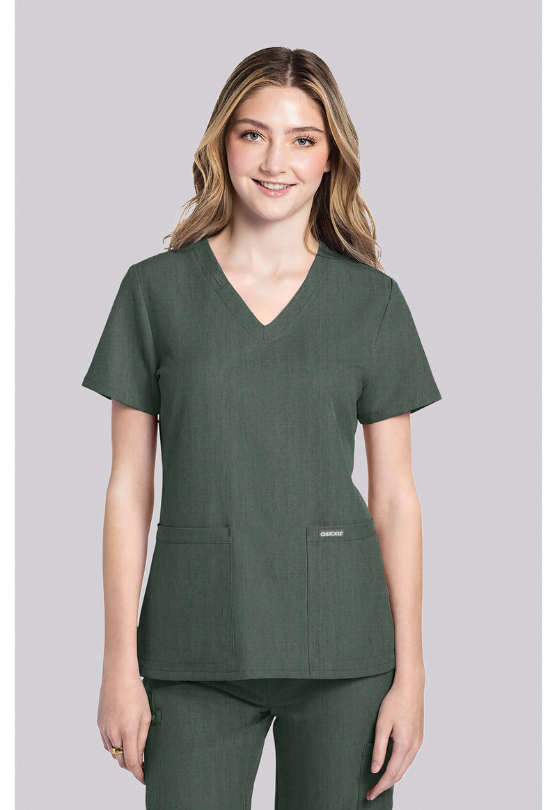 Cherokee Workwear Originals Ultra 2 pocket V-Neck Top CK953AV - Heather Forest Moss