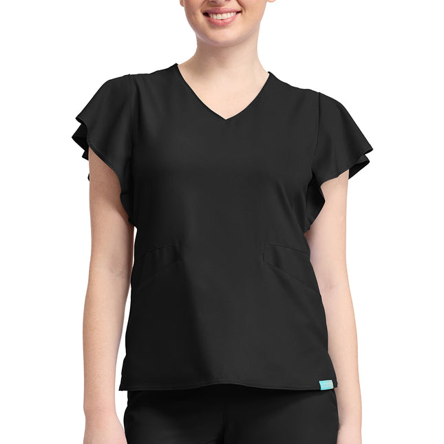 Med Couture Insight Women's 2-Pocket Flutter Sleeve V-Neck MC611 - Black
