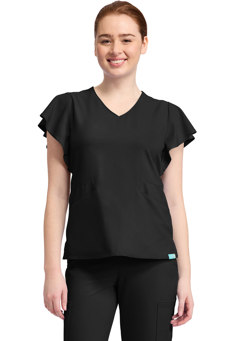 Med Couture Insight Women's 2-Pocket Flutter Sleeve V-Neck MC611 - Black